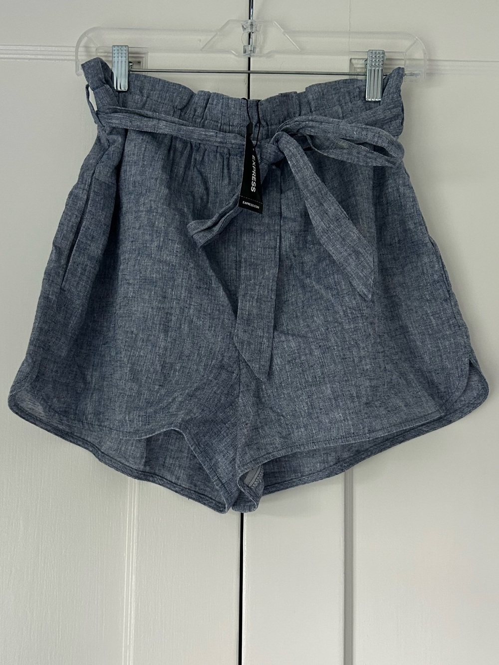 Express Paper Bag Shorts w/ Tie-Front/Belt High Waist - Chambray/Light Denim NWT